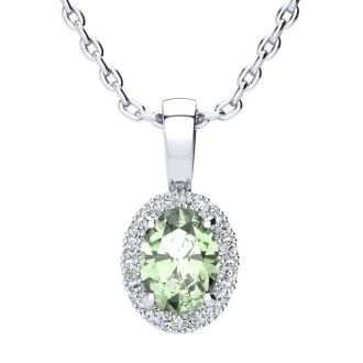 3/4 Carat Oval Shape Green Amethyst and Halo Diamond Necklace In 14 Karat White Gold With 18 Inch Chain