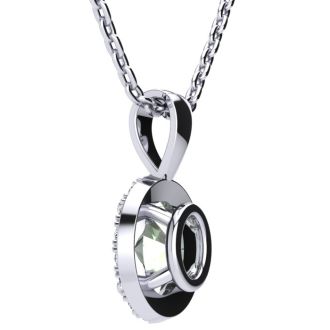 3/4 Carat Oval Shape Green Amethyst and Halo Diamond Necklace In 14 Karat White Gold With 18 Inch Chain