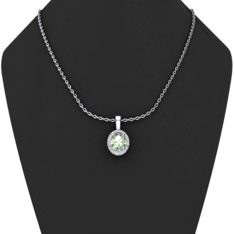 3/4 Carat Oval Shape Green Amethyst and Halo Diamond Necklace In 14 Karat White Gold With 18 Inch Chain