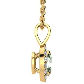 3/4 Carat Oval Shape Green Amethyst and Halo Diamond Necklace In 14 Karat Yellow Gold With 18 Inch Chain