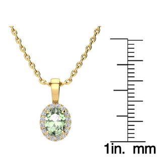 3/4 Carat Oval Shape Green Amethyst and Halo Diamond Necklace In 14 Karat Yellow Gold With 18 Inch Chain