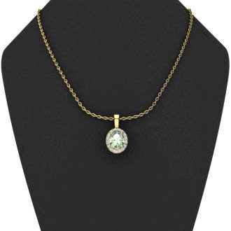 3/4 Carat Oval Shape Green Amethyst and Halo Diamond Necklace In 14 Karat Yellow Gold With 18 Inch Chain