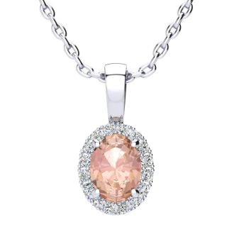 0.90 Carat Oval Shape Morganite and Halo Diamond Necklace In 14 Karat White Gold With 18 Inch Chain