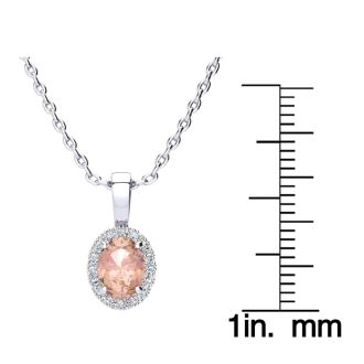 9/10 Carat Oval Shape Morganite Necklace with Diamond Halo In 14 Karat White Gold With 18 Inch Chain