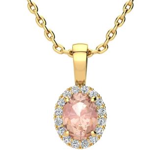 9/10 Carat Oval Shape Morganite Necklace with Diamond Halo In 14 Karat Yellow Gold With 18 Inch Chain