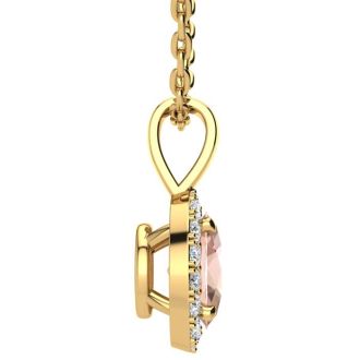 9/10 Carat Oval Shape Morganite Necklace with Diamond Halo In 14 Karat Yellow Gold With 18 Inch Chain