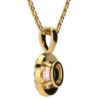 9/10 Carat Oval Shape Morganite Necklace with Diamond Halo In 14 Karat Yellow Gold With 18 Inch Chain