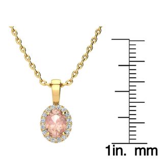 9/10 Carat Oval Shape Morganite Necklace with Diamond Halo In 14 Karat Yellow Gold With 18 Inch Chain