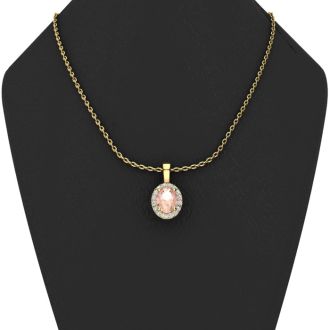 9/10 Carat Oval Shape Morganite Necklace with Diamond Halo In 14 Karat Yellow Gold With 18 Inch Chain