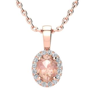 0.90 Carat Oval Shape Morganite and Halo Diamond Necklace In 14 Karat Rose Gold With 18 Inch Chain