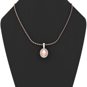 9/10 Carat Oval Shape Morganite Necklace with Diamond Halo In 14 Karat Rose Gold With 18 Inch Chain