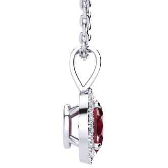 1 Carat Oval Shape Ruby and Halo Diamond Necklace In 14 Karat White Gold With 18 Inch Chain