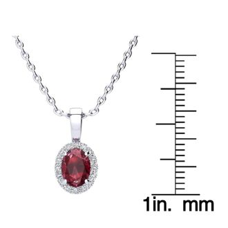 1 Carat Oval Shape Ruby and Halo Diamond Necklace In 14 Karat White Gold With 18 Inch Chain