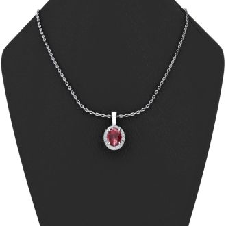1 Carat Oval Shape Ruby and Halo Diamond Necklace In 14 Karat White Gold With 18 Inch Chain