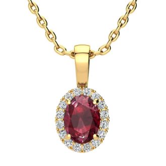 1 Carat Oval Shape Ruby and Halo Diamond Necklace In 14 Karat Yellow Gold With 18 Inch Chain