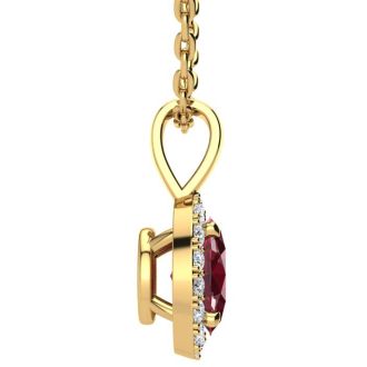 1 Carat Oval Shape Ruby and Halo Diamond Necklace In 14 Karat Yellow Gold With 18 Inch Chain