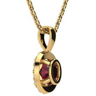 1 Carat Oval Shape Ruby and Halo Diamond Necklace In 14 Karat Yellow Gold With 18 Inch Chain