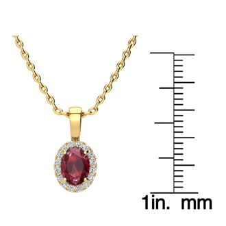 1 Carat Oval Shape Ruby and Halo Diamond Necklace In 14 Karat Yellow Gold With 18 Inch Chain