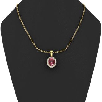 1 Carat Oval Shape Ruby and Halo Diamond Necklace In 14 Karat Yellow Gold With 18 Inch Chain