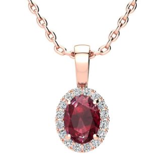 1 Carat Oval Shape Ruby and Halo Diamond Necklace In 14 Karat Rose Gold With 18 Inch Chain