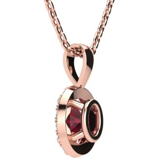 1 Carat Oval Shape Ruby and Halo Diamond Necklace In 14 Karat Rose Gold With 18 Inch Chain