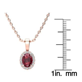 1 Carat Oval Shape Ruby and Halo Diamond Necklace In 14 Karat Rose Gold With 18 Inch Chain