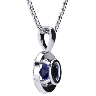 1 Carat Oval Shape Sapphire and Halo Diamond Necklace In 14 Karat White Gold With 18 Inch Chain