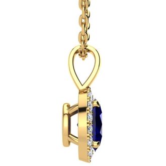 1 Carat Oval Shape Sapphire and Halo Diamond Necklace In 14 Karat Yellow Gold With 18 Inch Chain