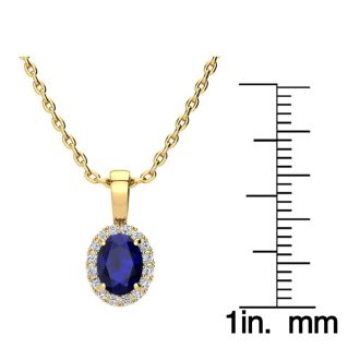 1 Carat Oval Shape Sapphire and Halo Diamond Necklace In 14 Karat Yellow Gold With 18 Inch Chain