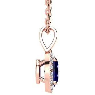 1 Carat Oval Shape Sapphire and Halo Diamond Necklace In 14 Karat Rose Gold With 18 Inch Chain