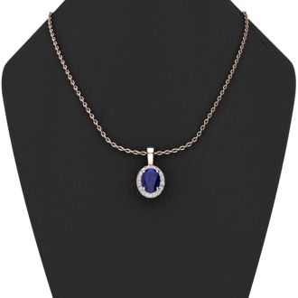 1 Carat Oval Shape Sapphire and Halo Diamond Necklace In 14 Karat Rose Gold With 18 Inch Chain
