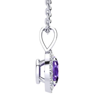 1 1/4 Carat Oval Shape Amethyst and Halo Diamond Necklace In 14 Karat White Gold With 18 Inch Chain