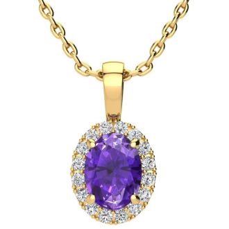1 1/4 Carat Oval Shape Amethyst and Halo Diamond Necklace In 14 Karat Yellow Gold With 18 Inch Chain