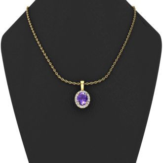 1 1/4 Carat Oval Shape Amethyst and Halo Diamond Necklace In 14 Karat Yellow Gold With 18 Inch Chain