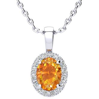1 1/4 Carat Oval Shape Citrine and Halo Diamond Necklace In 14 Karat White Gold With 18 Inch Chain