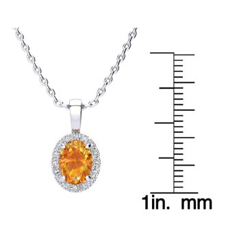 1 1/4 Carat Oval Shape Citrine and Halo Diamond Necklace In 14 Karat White Gold With 18 Inch Chain