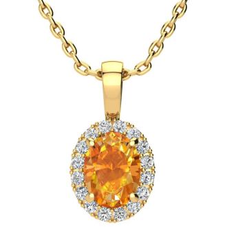 1 1/4 Carat Oval Shape Citrine and Halo Diamond Necklace In 14 Karat Yellow Gold With 18 Inch Chain