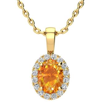 1 1/4 Carat Oval Shape Citrine and Halo Diamond Necklace In 14 Karat Yellow Gold With 18 Inch Chain
