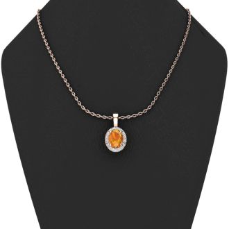 1 1/4 Carat Oval Shape Citrine and Halo Diamond Necklace In 14 Karat Rose Gold With 18 Inch Chain