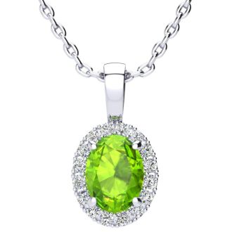 1 1/2 Carat Oval Shape Peridot and Halo Diamond Necklace In 14 Karat White Gold With 18 Inch Chain