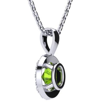 1 1/2 Carat Oval Shape Peridot and Halo Diamond Necklace In 14 Karat White Gold With 18 Inch Chain