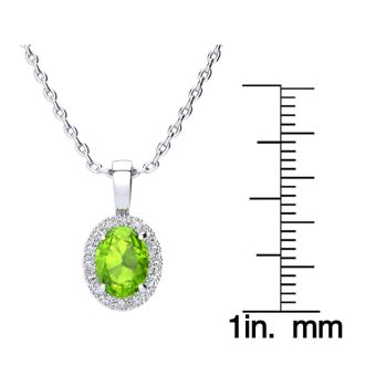 1 1/2 Carat Oval Shape Peridot and Halo Diamond Necklace In 14 Karat White Gold With 18 Inch Chain