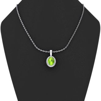 1 1/2 Carat Oval Shape Peridot and Halo Diamond Necklace In 14 Karat White Gold With 18 Inch Chain