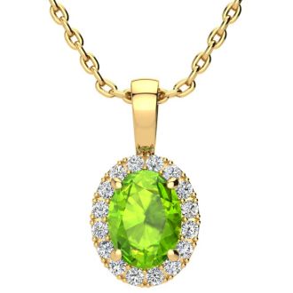 1 1/2 Carat Oval Shape Peridot and Halo Diamond Necklace In 14 Karat Yellow Gold With 18 Inch Chain