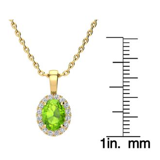 1 1/2 Carat Oval Shape Peridot and Halo Diamond Necklace In 14 Karat Yellow Gold With 18 Inch Chain