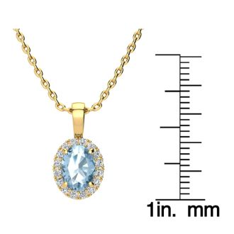 1 1/2 Carat Oval Shape Blue Topaz and Halo Diamond Necklace In 14 Karat Yellow Gold With 18 Inch Chain