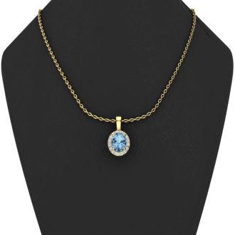 1 1/2 Carat Oval Shape Blue Topaz and Halo Diamond Necklace In 14 Karat Yellow Gold With 18 Inch Chain