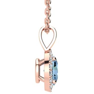 1 1/2 Carat Oval Shape Blue Topaz and Halo Diamond Necklace In 14 Karat Rose Gold With 18 Inch Chain