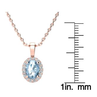 1 1/2 Carat Oval Shape Blue Topaz and Halo Diamond Necklace In 14 Karat Rose Gold With 18 Inch Chain