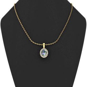 1-1/2 Carat Oval Shape Mystic Topaz Necklace With Diamond Halo In 14 Karat Yellow Gold, 18 Inches